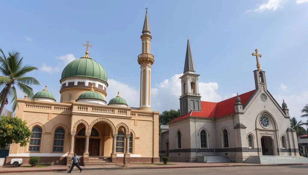 Generate an image of the Warri Central Mosque and the Church of Nigeria (Anglican Communion), showcasing their architectural beauty and historical significance.