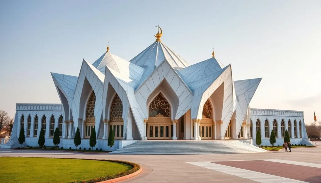 Generate an image of the Wedding Palace in Ashgabat, showcasing its star-shaped design and white marble exterior.