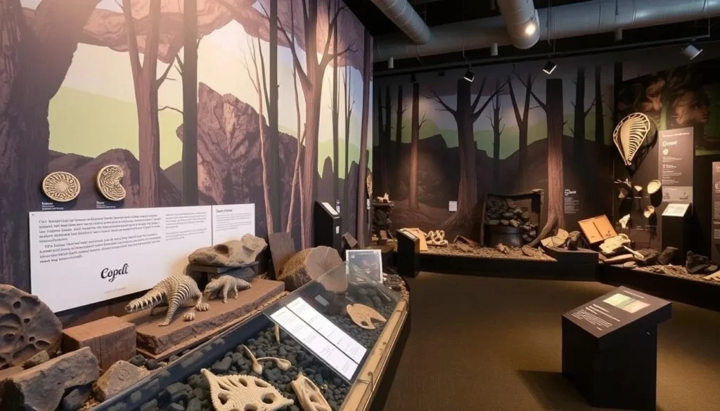 Generate an image of the West Virginia State Museum's Coal Forest exhibit featuring authentic coal displays and fossils.
