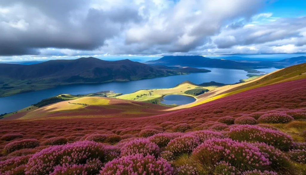 Generate an image of the Wicklow Mountains National Park with its heather-covered hills and pristine lakes.