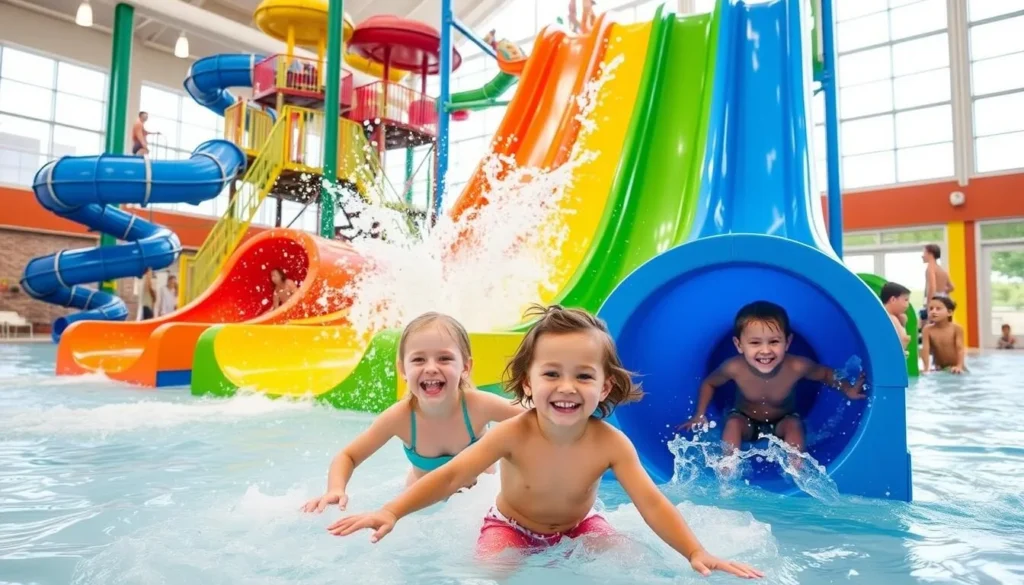 Generate an image of the Williston Area Recreation Center's indoor water park with kids playing on the slides.