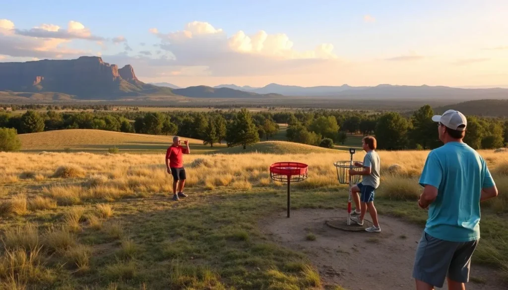Generate an image of the Willow Creek disc golf course with players enjoying a round amidst the scenic landscape.
