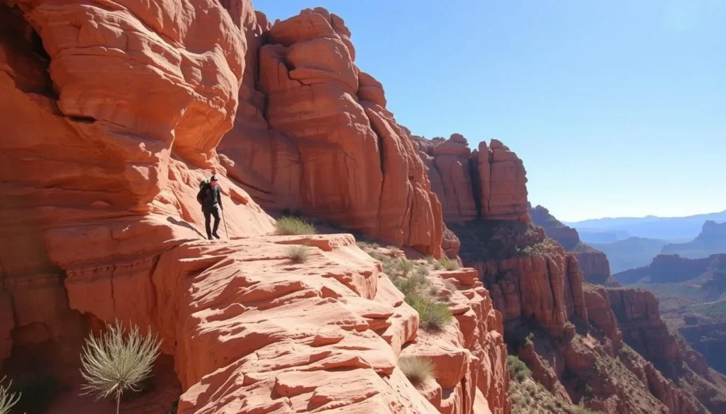 Generate an image of the Wind Canyon Trail with a hiker walking along the edge of the canyon.