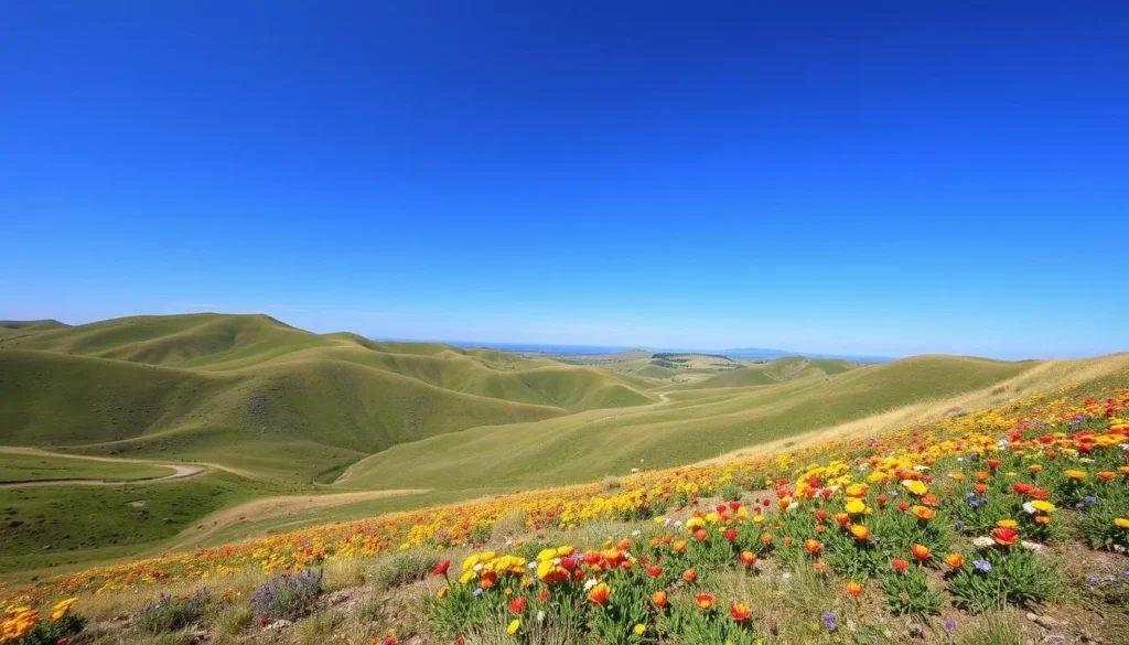 Generate an image of the Wind Wolves Preserve's rolling hills and wildflowers.