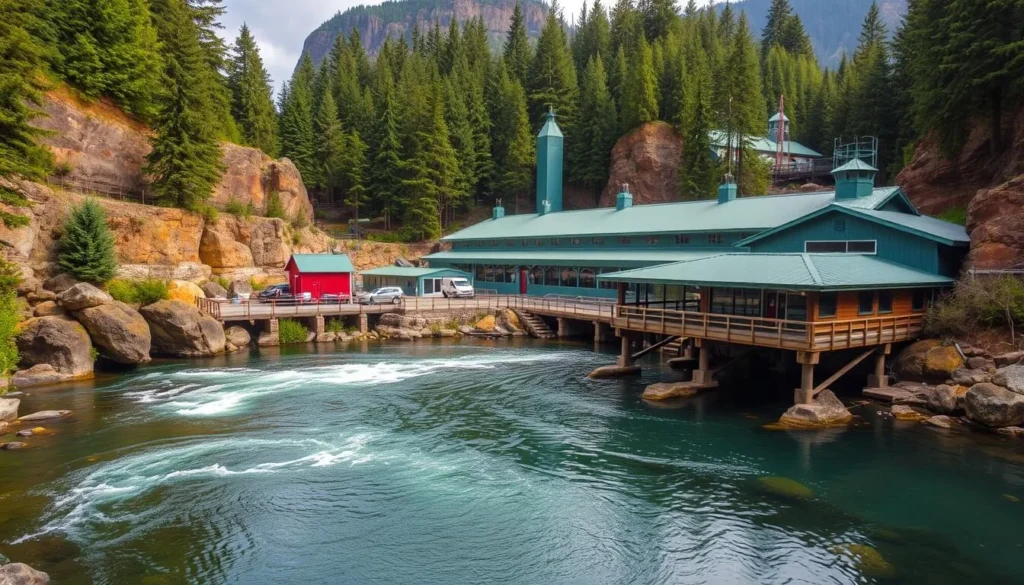 Generate an image of the Wizard Falls Fish Hatchery in Oregon, showcasing its natural surroundings and facilities.