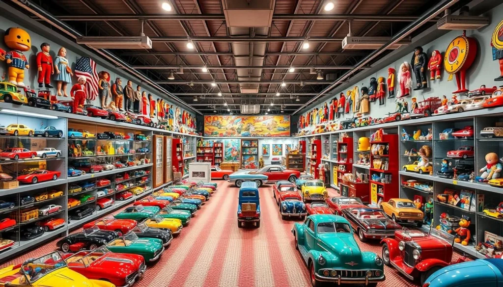Generate an image of the World's Largest Toy Museum's interior, showcasing rows of toy cars, dolls, and other vintage toys.