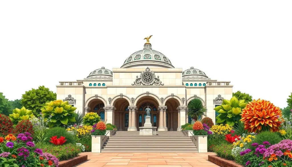 Generate an image of the Wrigley Memorial and Botanical Gardens, showcasing its beautiful tile work and diverse plant species.