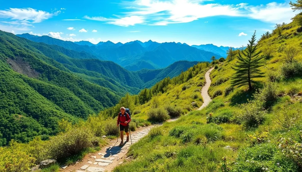 Generate an image of the Yeongnam Alps with hikers on the trails