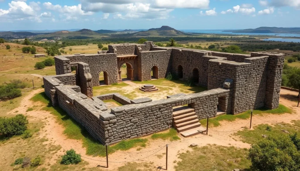 Generate an image of the ancient Shiraz Ruins on Tumbatu Island, showcasing the historical architecture.
