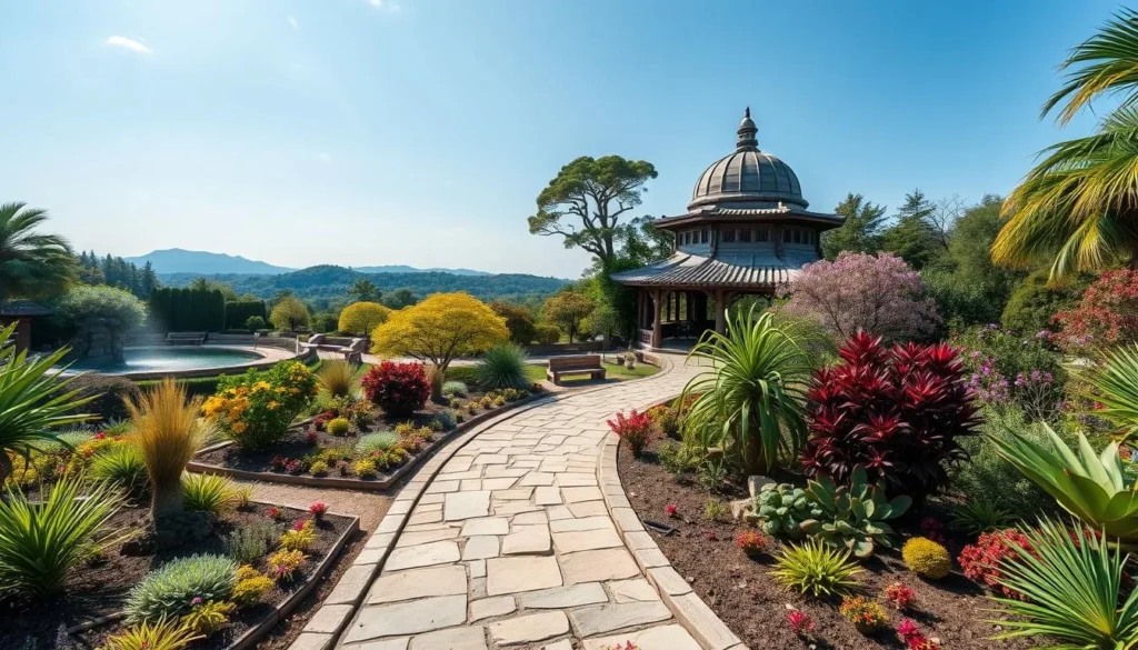 Generate an image of the beautiful Tizer Botanic Gardens, showcasing its diverse plant species, serene walking paths, and picturesque garden settings.