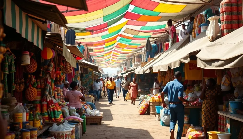 Generate an image of the bustling Grand Marché in Bouaké, Ivory Coast, showcasing vibrant colors, diverse products, and lively street food.