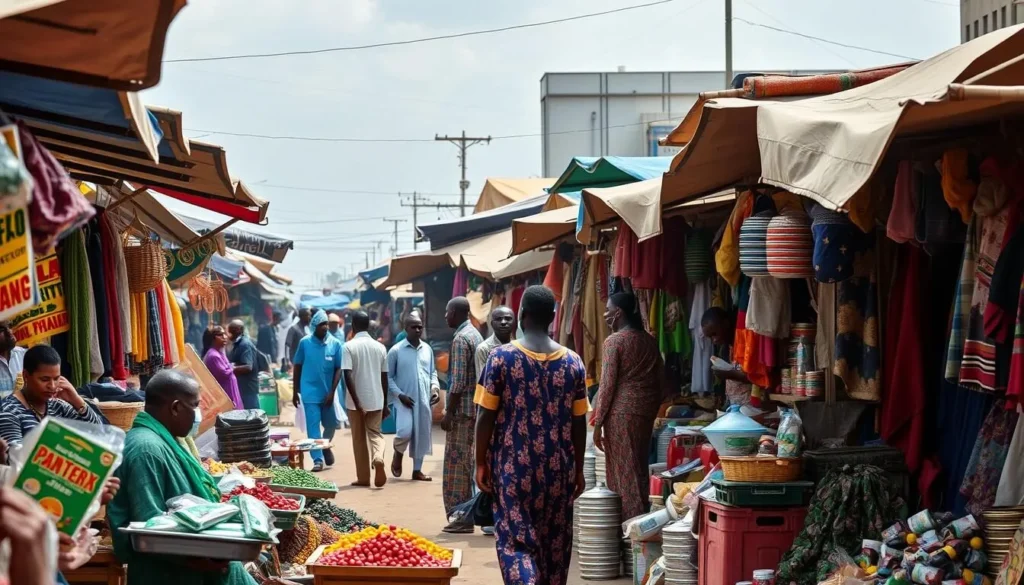 Generate an image of the bustling Monday Market in Maiduguri, Nigeria, showcasing vibrant colors and local vendors.