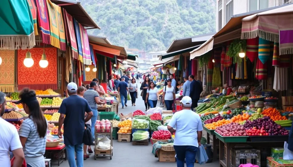 Generate an image of the bustling Mount Bouet Market with colorful textiles and fresh produce.