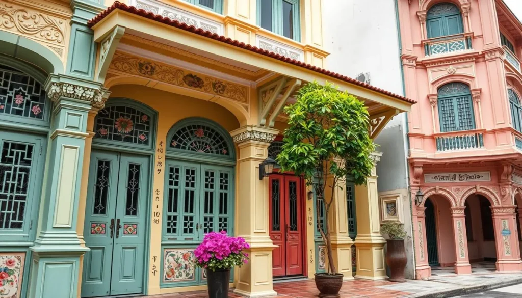 Generate an image of the colorful Peranakan shophouses along Koon Seng Road in Joo Chiat, featuring distinctive pastel facades with intricate floral patterns and ceramic tiles.