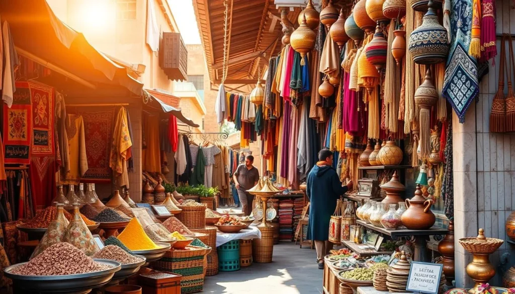 Generate an image of the colorful souks in Marrakech, with various goods on display.