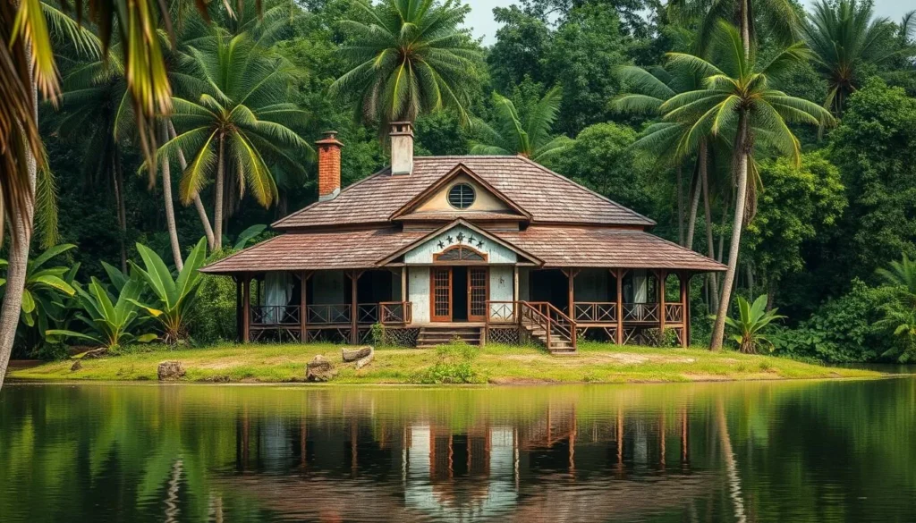 Generate an image of the crumbling "African Queen" villa on a picturesque islet in Kisangani.