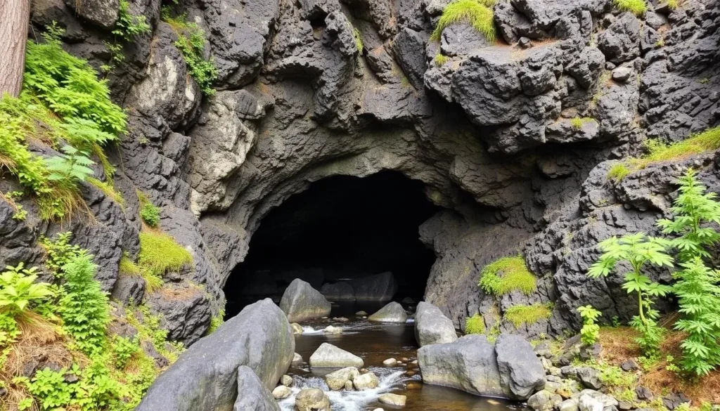 Generate an image of the entrance to Lava River Cave in Newberry National Volcanic Monument.