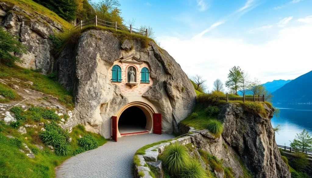 Generate an image of the entrance to St. Beatus Caves, with a serene Lake Thun in the background.