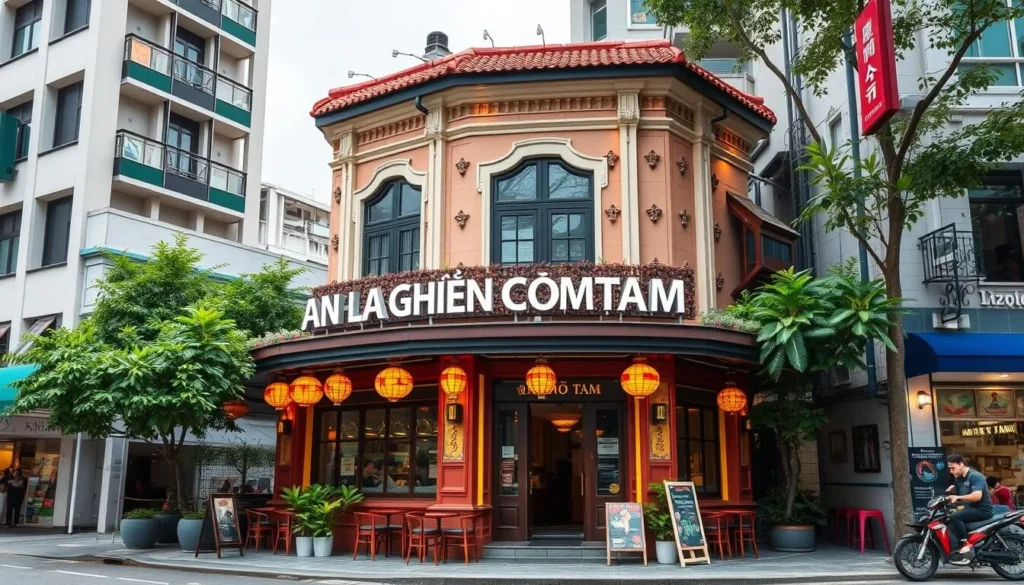 Generate an image of the exterior of An La Ghien Com Tam restaurant in Singapore.