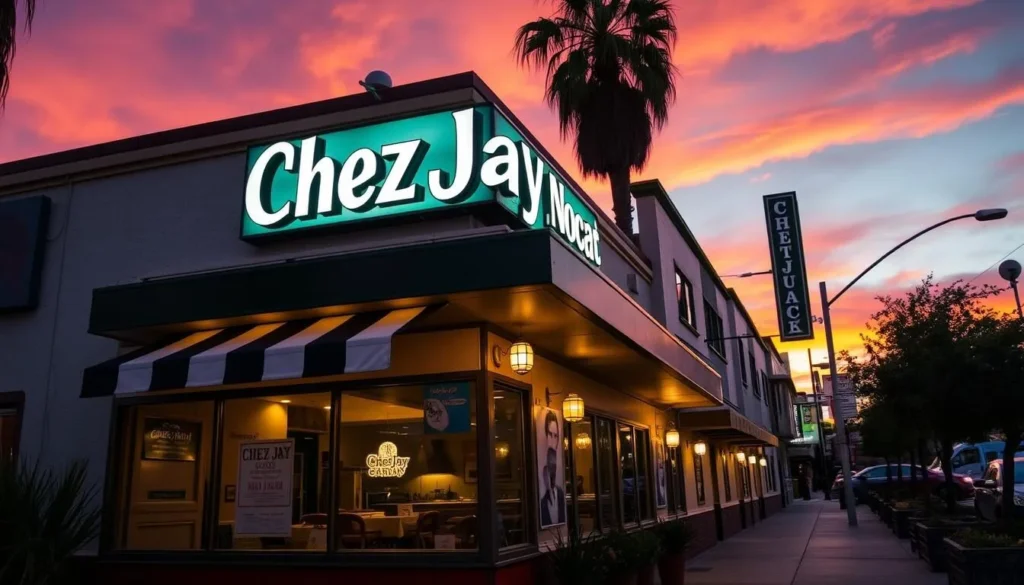 Generate an image of the exterior of Chez Jay Restaurant in Santa Monica.