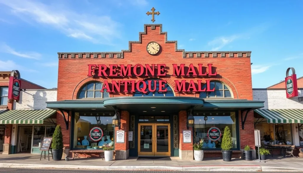 Generate an image of the exterior of the Fremont Antique Mall, showcasing its historic building and inviting entrance.