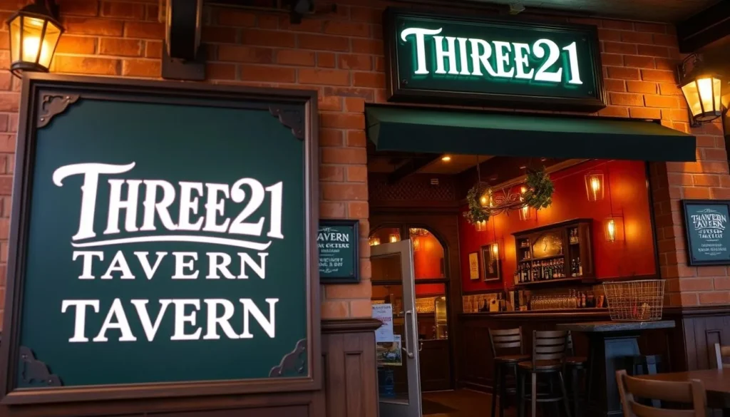 Generate an image of the exterior or interior of Three21 Tavern, highlighting its welcoming ambiance.