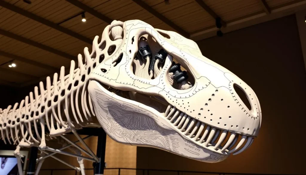 Generate an image of the giant fossil T-Rex skull at the Western Science Centre.