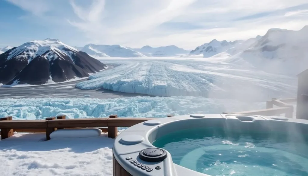 Generate an image of the glacier views and hot tub at Diavolezza.
