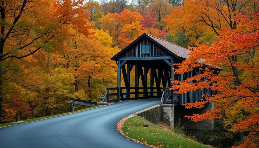 Generate an image of the historic Bean Blossom Covered Bridge in Brown County, Indiana, surrounded by vibrant fall foliage.