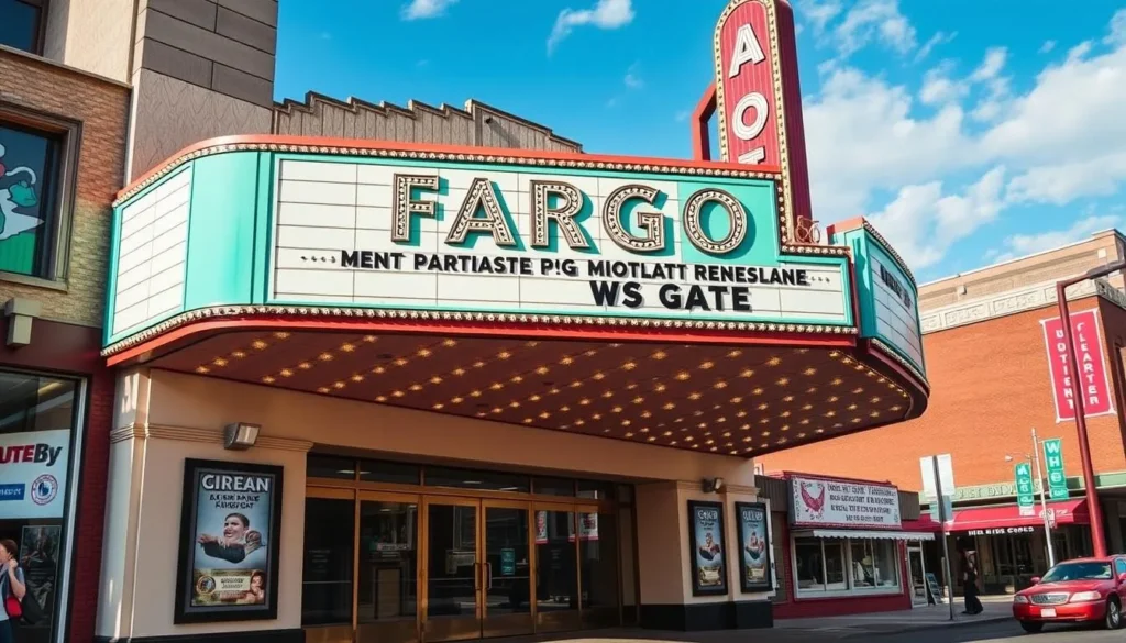Generate an image of the historic Fargo Theatre with its distinctive mint green Art Deco marquee.