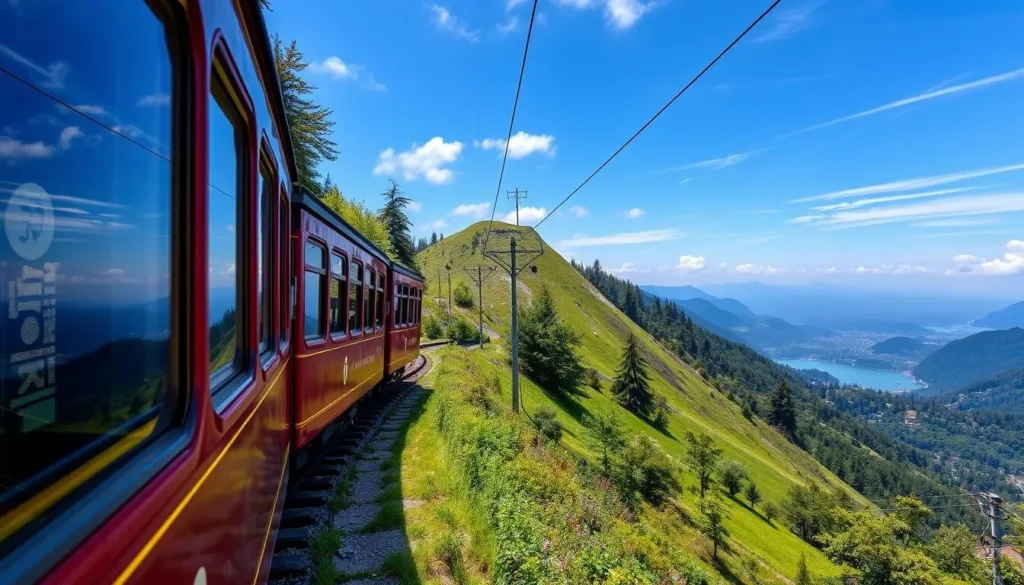 Generate an image of the historic Rigi Bahn train climbing Mount Rigi