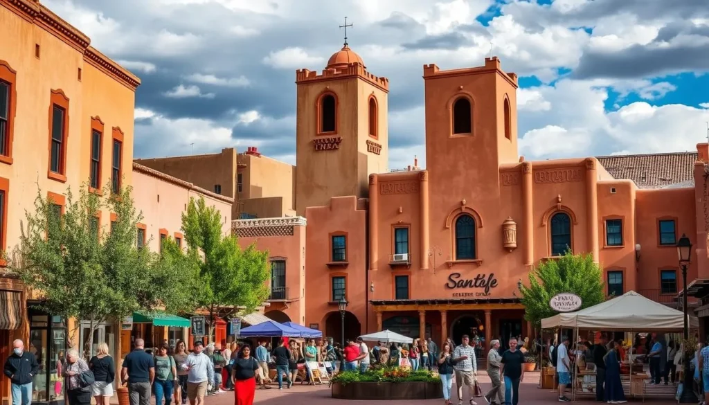 Generate an image of the historic Santa Fe Plaza with adobe buildings and local shops.