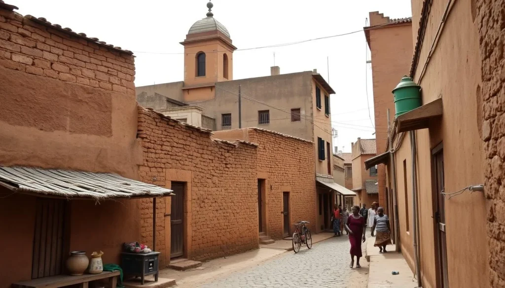 Generate an image of the historic neighborhood of Kibidwé in Bobo-Dioulasso, showcasing its narrow streets and traditional mud-brick architecture.