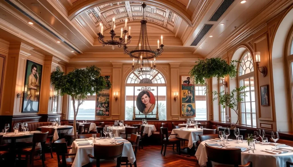 Generate an image of the interior of La Trattoria on Fisher Island, showcasing its elegant decor.