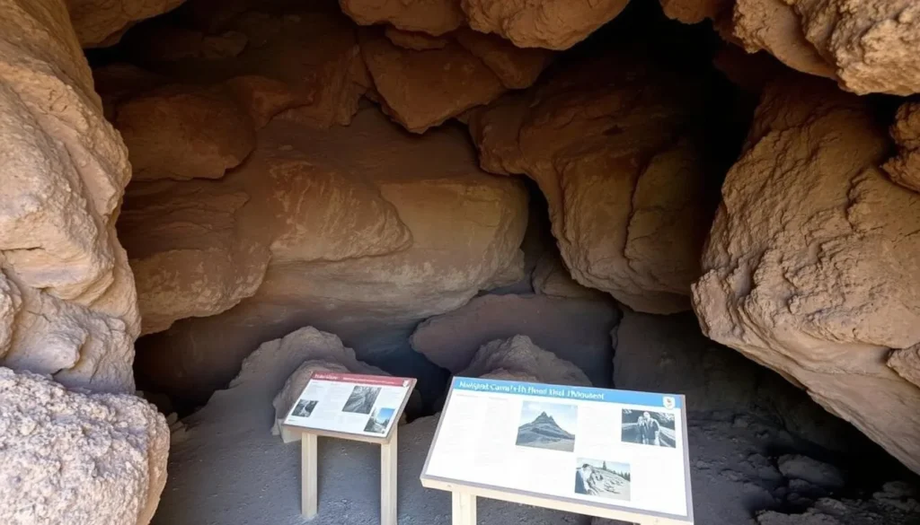 Generate an image of the interior of Mushpot Cave at Lava Beds National Monument, highlighting its lava tube formations and interpretive signs.