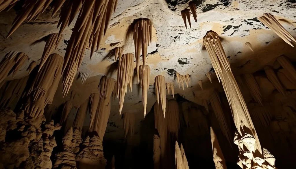Generate an image of the interior of Onondaga Cave with stalactites and stalagmites.