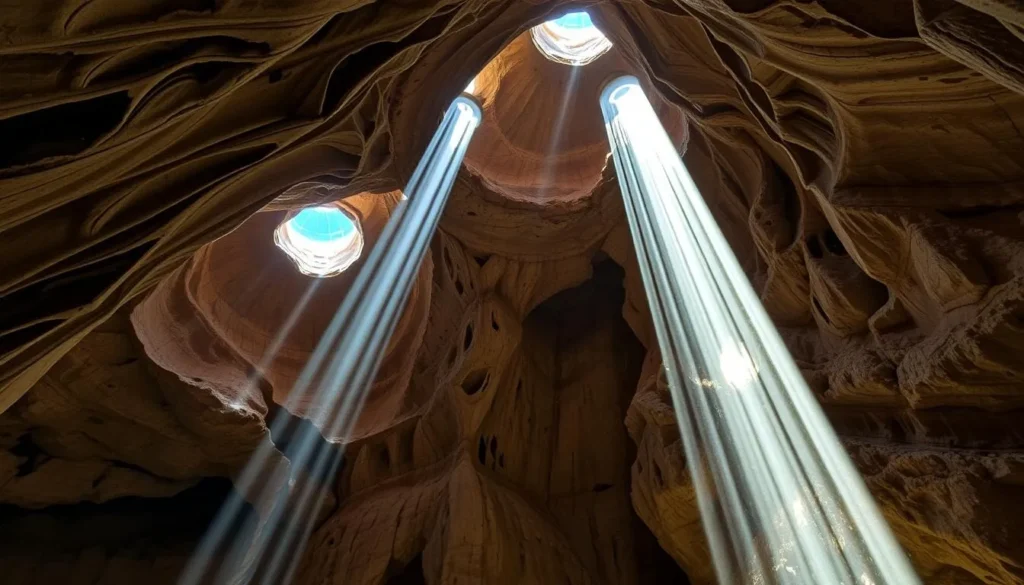 Generate an image of the interior of Skylight Cave with beams of light shining through the ceiling.