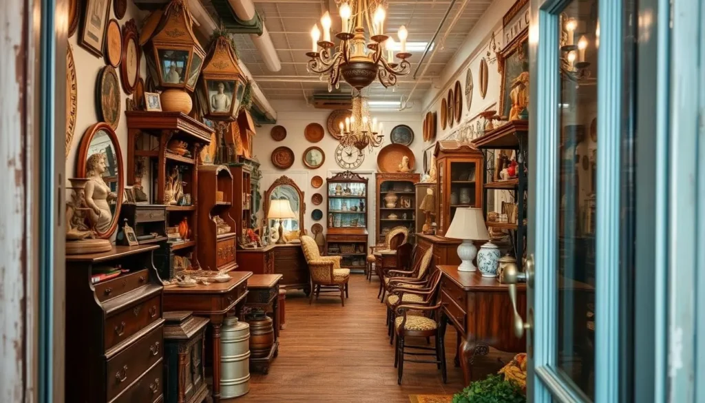 Generate an image of the interior of Southern Antiques or The Rusty Chandelier, showcasing their vintage and antique items.