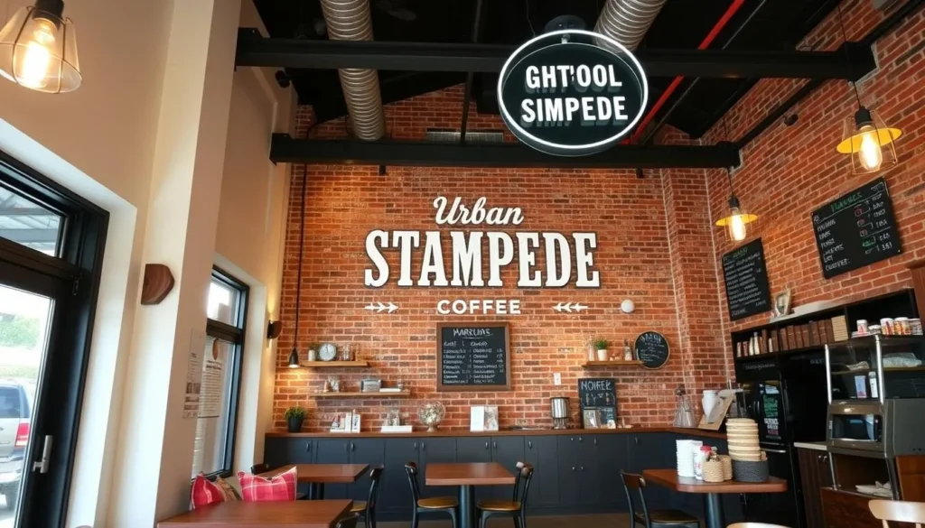 Generate an image of the interior of Urban Stampede coffee shop, showcasing its exposed brick and high ceilings.