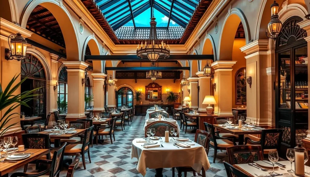 Generate an image of the interior of Ville Vanille, showcasing its colonial architecture and dining area.