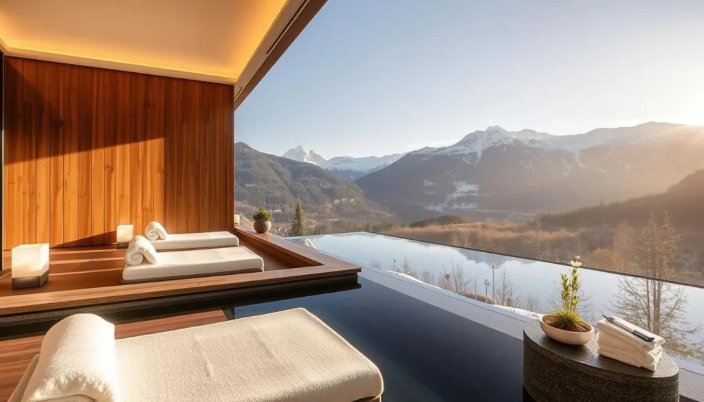 Generate an image of the luxurious Six Senses Spa at The Alpina Gstaad hotel, showcasing its serene atmosphere and stunning Alpine views.
