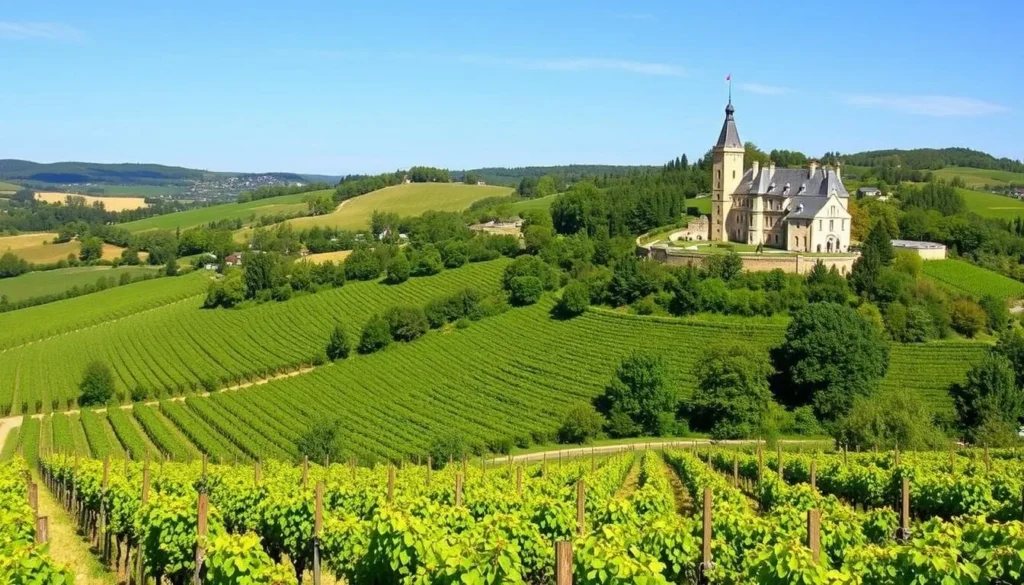 Generate an image of the picturesque Sancerre region with its rolling vineyards and historic châteaux.