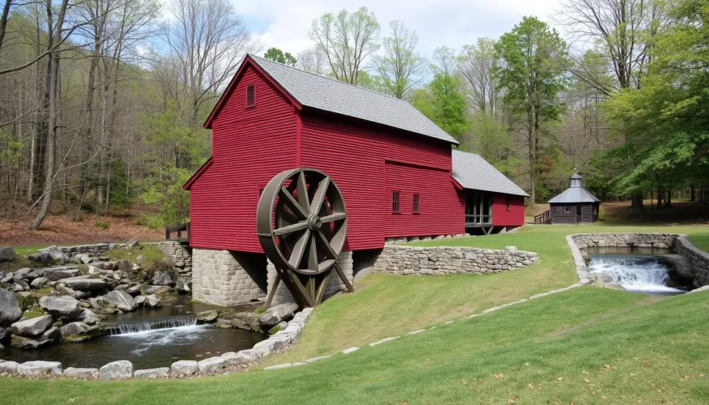 Generate an image of the red gristmill at Dillard Mill State Historic Site.