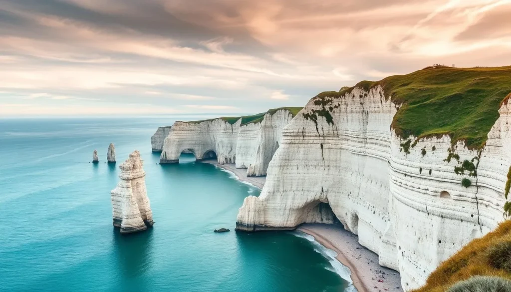 Generate an image of the stunning white chalk cliffs of Étretat with the natural arches and "The Needle" formation.
