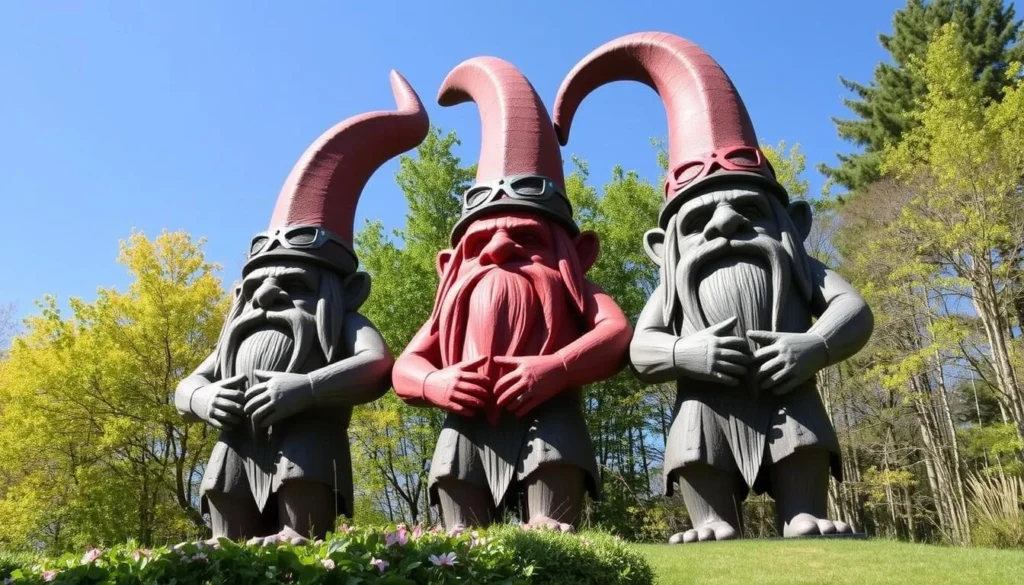 Generate an image of the three giant troll statues at Aullwood Audubon Center and Farm.