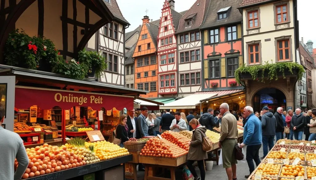 Generate an image of the upper part of Bern's old town transformed into a giant marketplace filled with onion stalls and visitors enjoying local specialties.