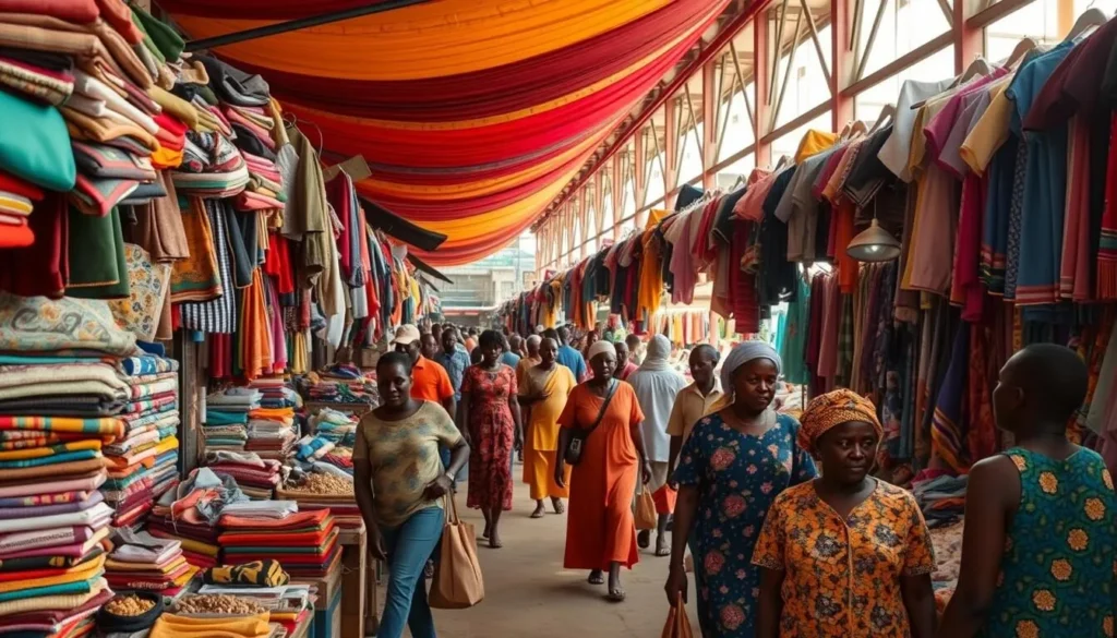 Generate an image of the vibrant Central Market of Bobo-Dioulasso, showcasing its colorful fabrics and bustling atmosphere.