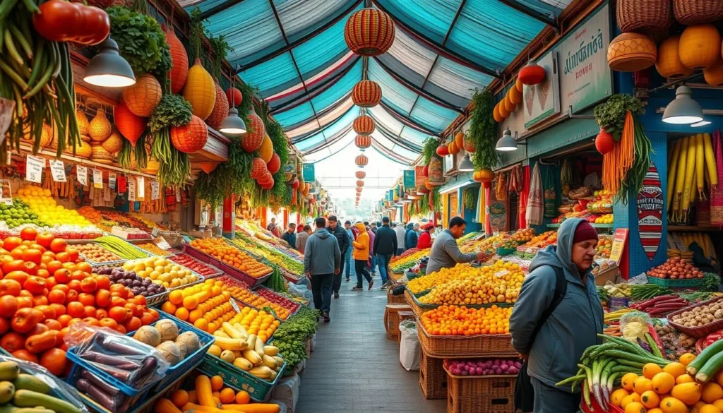 Generate an image of the vibrant Russian Bazaar in Ashgabat, Turkmenistan, showcasing colorful produce and lively atmosphere.