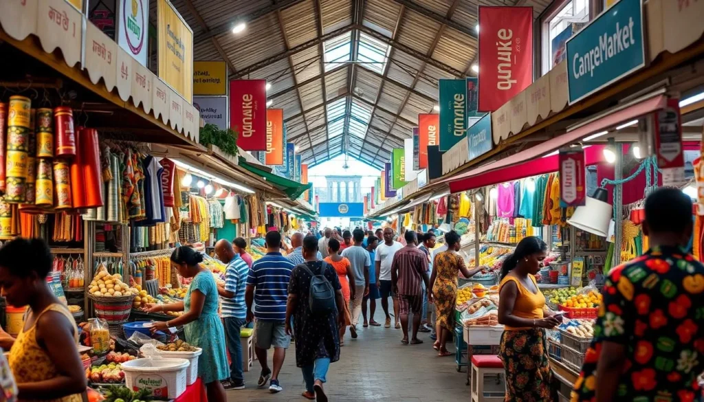 Generate an image of the vibrant Tamale Central Market, showcasing its colorful stalls and lively atmosphere.