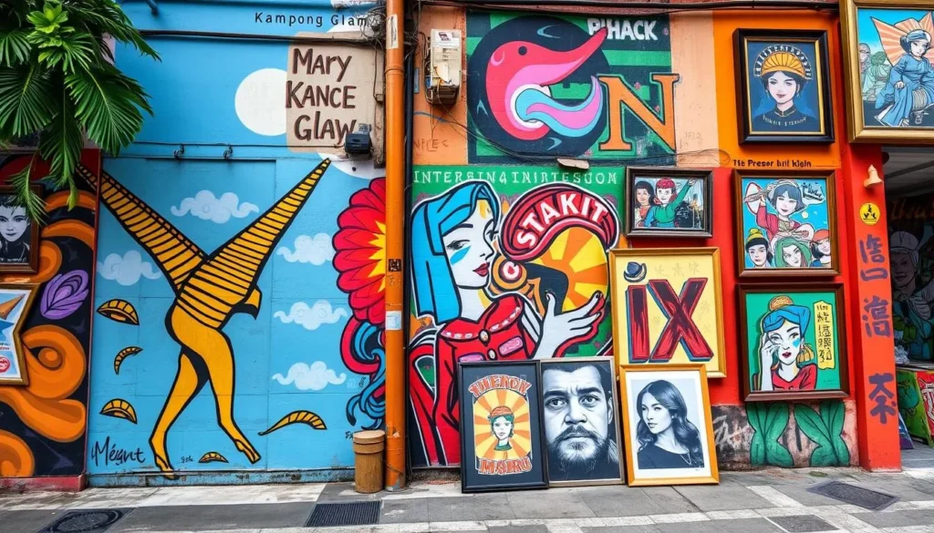 Generate an image of the vibrant street art in Kampong Glam, featuring murals and framed works by local and international artists.